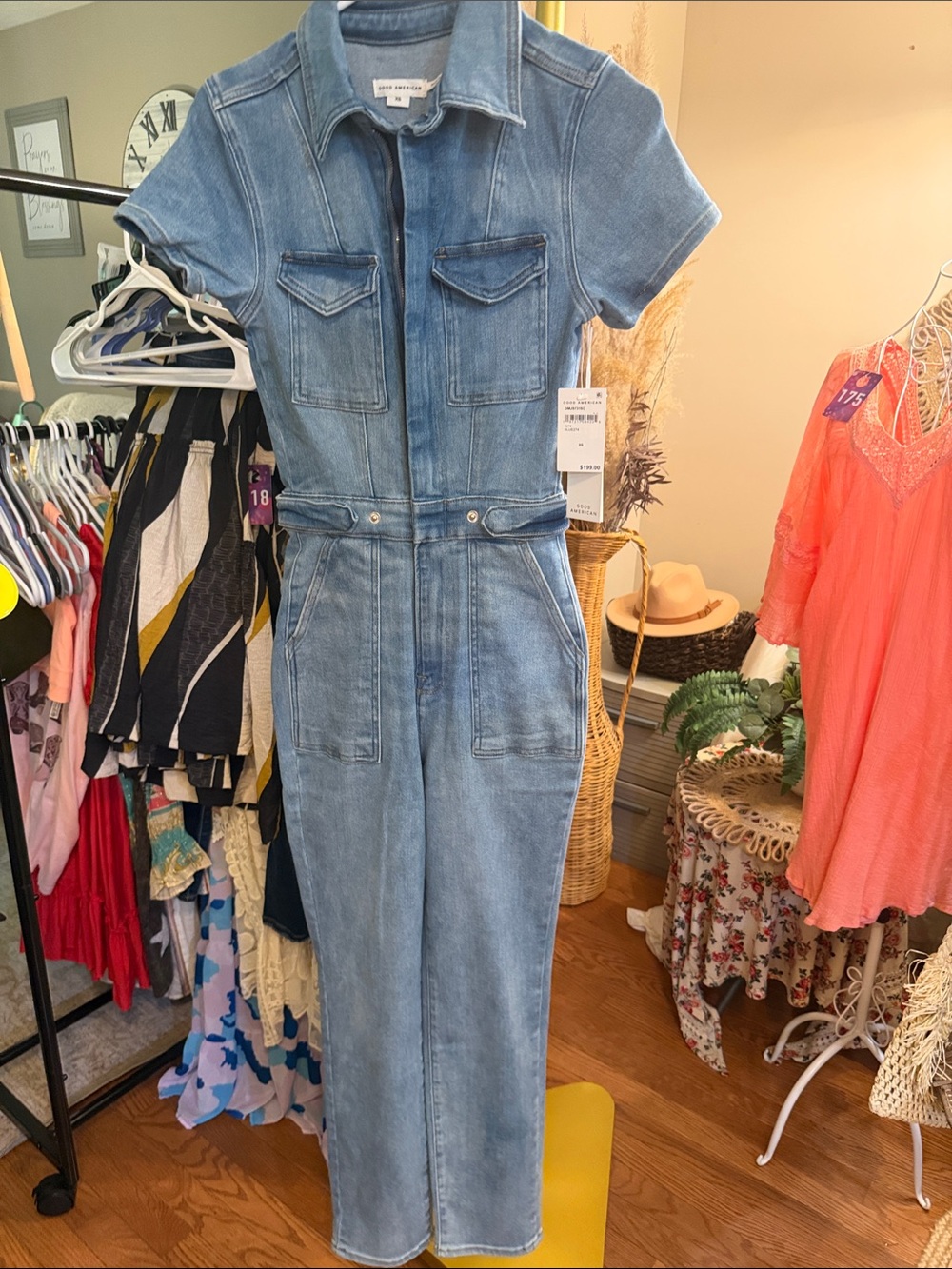 Good American Light Denim Short Sleeve Utility Jumpsuit